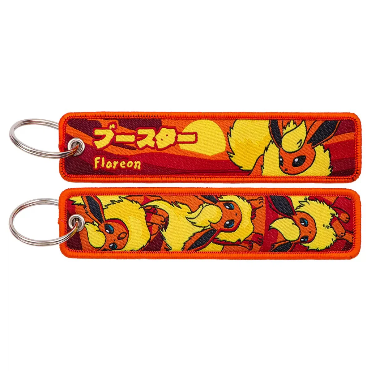 Flareon Pokémon Embroidered Key Tag, Double‑Sided Woven Jet Tag Keychain with Metal Ring ****