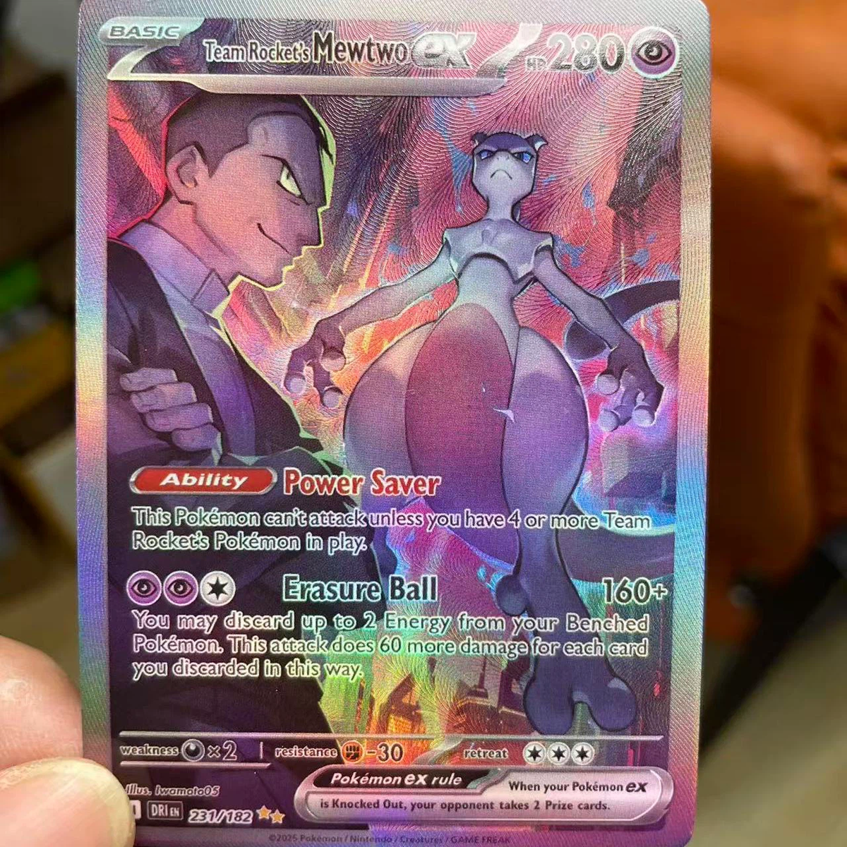 Pokemon Team Rocket's Mewtwo ex Special Illustration Rare #231/182 Full Art Holo Raw Card