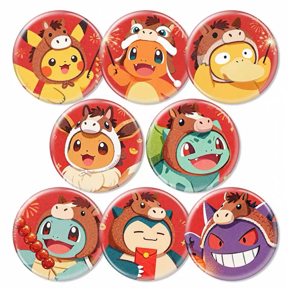 Pokemon Badge Button Magnets, 8‑Pack, Pikachu Eevee Gengar, Anime Collectible Refrigerator Magnets, Cartoon Decor Accessories