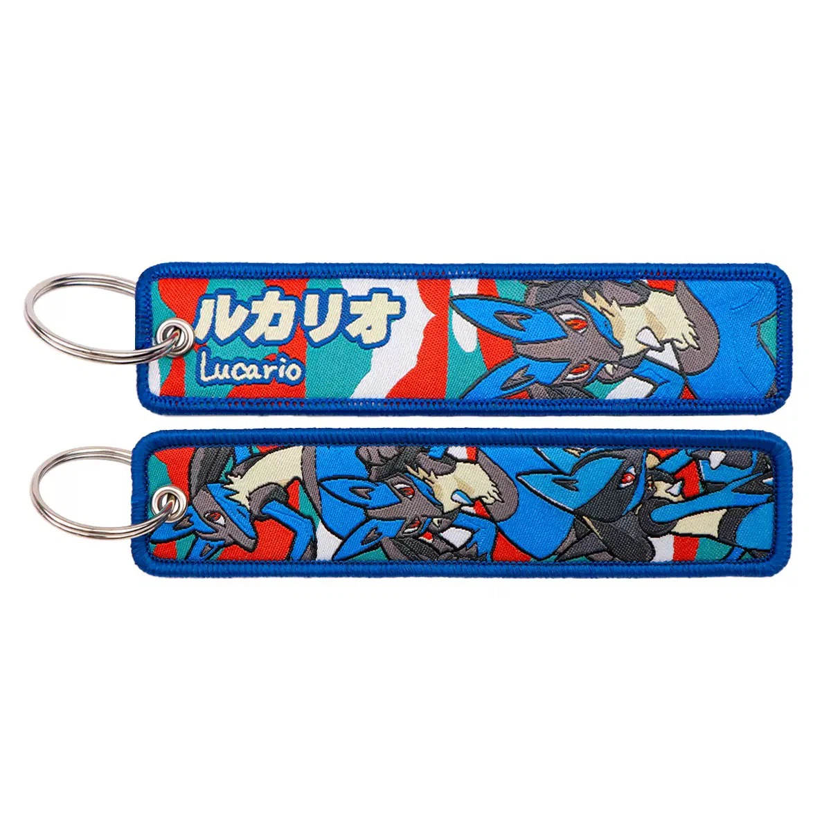 Lucario Pokémon Embroidered Key Tag, Double‑Sided Woven Keychain Jet Tag with Metal Key Ring ****