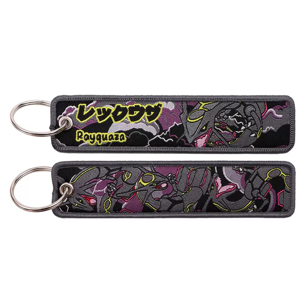 Shiny Rayquaza Pokémon Embroidered Key Tag, Double‑Sided Woven Keychain Lanyard, Metal Key Ring, Anime Backpack Jet Tag Ornament for Collectors ****