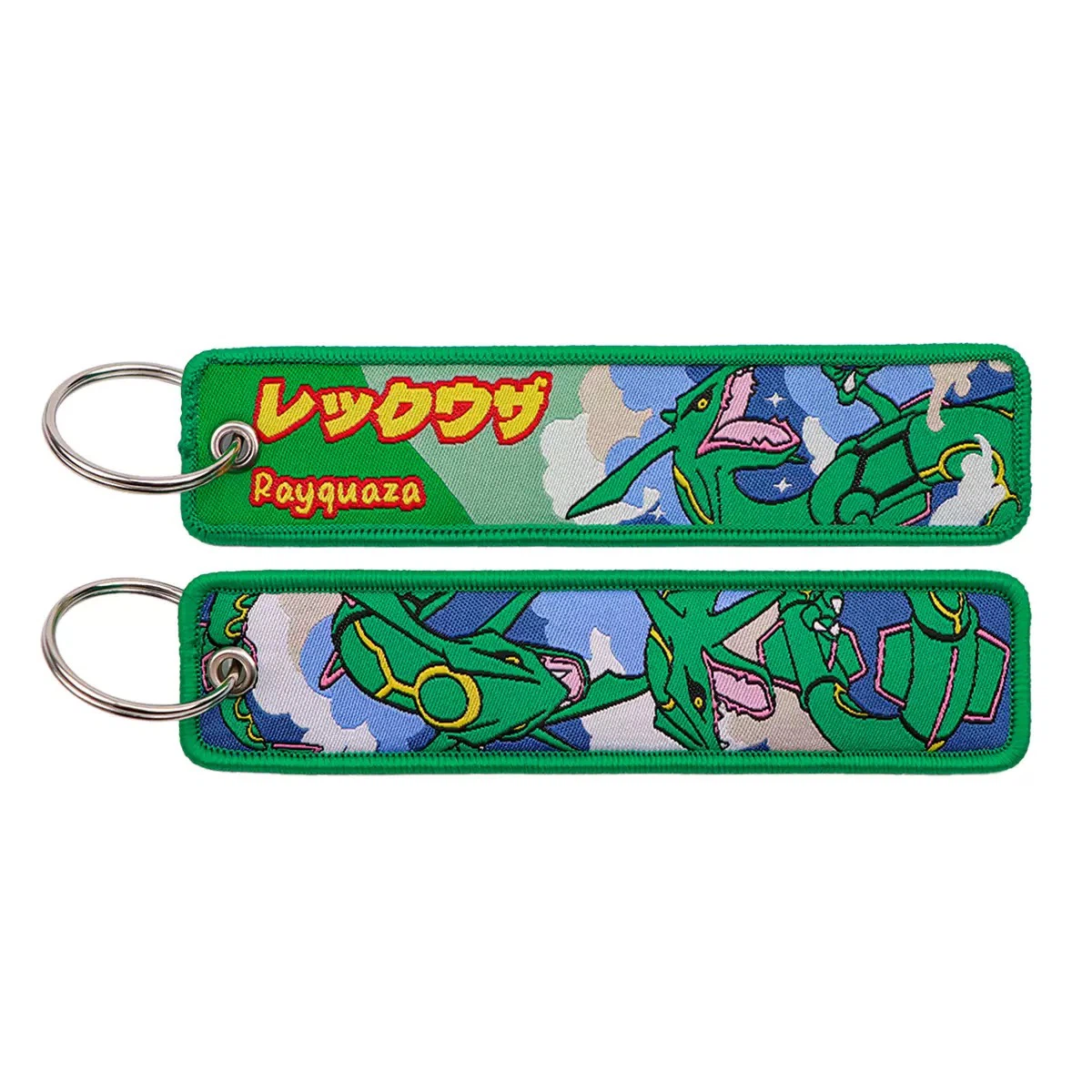 Rayquaza Pokémon Embroidered Key Tag, Double‑Sided Woven Keychain Lanyard, Metal Key Ring, Anime Backpack Jet Tag Ornament for Collectors