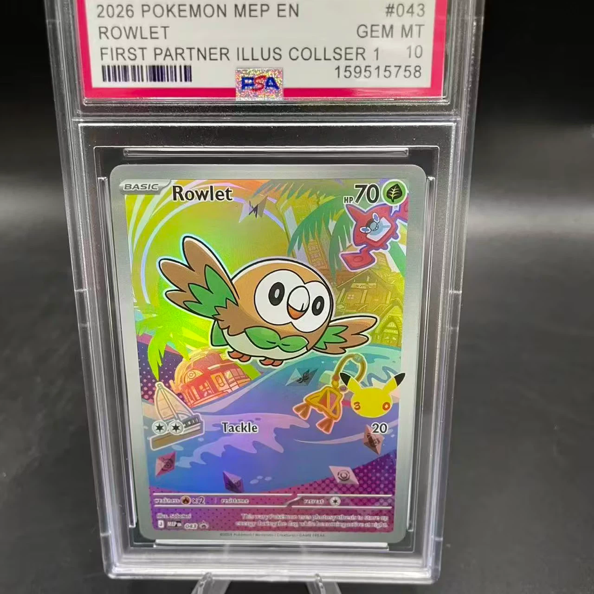 2026 Pokemon MEP‑EN Rowlet #043 First Partner Illustration Collection Series 1 PSA 10 Gem Mint Full Art Holo Slab